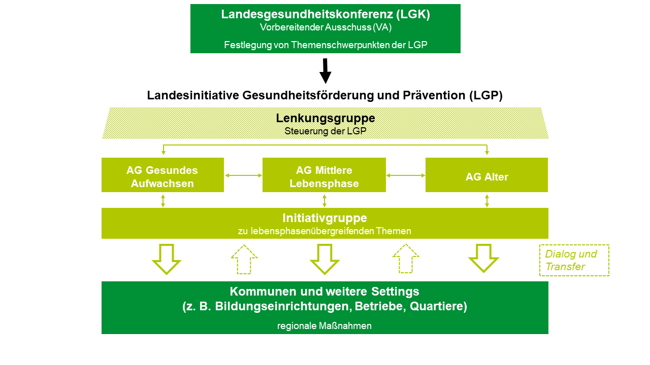 Die Abbildung stellt die Arbeitsstruktur der Landesinitiative und die Beziehungen der diversen Gremien und beteiligten Akteure dar.