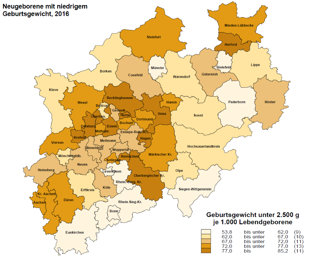 Grafik zu Lebendgeborenen mit einem Geburtsgewicht unter 2.500 g in 2016 in den Kreisen und Städten in NRW