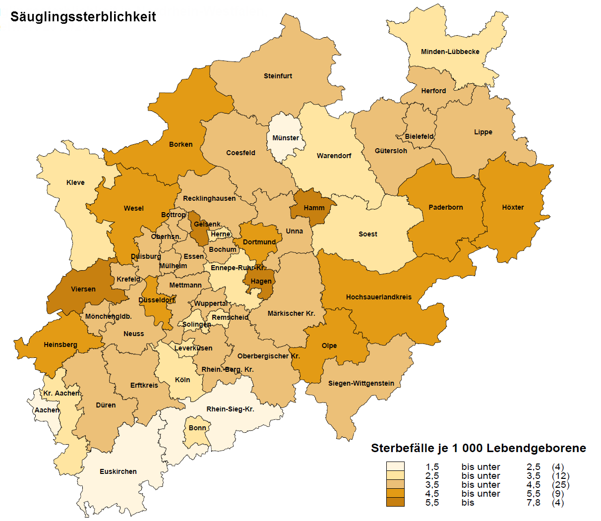 Grafik zur Säuglingssterblichkeit in den Kreisen und Städten in NRW