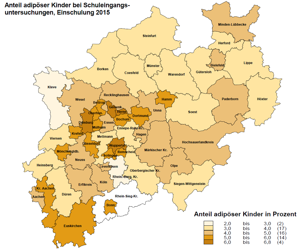 Grafik zu Adipositas zum Zeitpunkt der Einschulungsuntersuchungen in den Kreisen und Städten Nordrhein-Westfalens im Jahr 2015