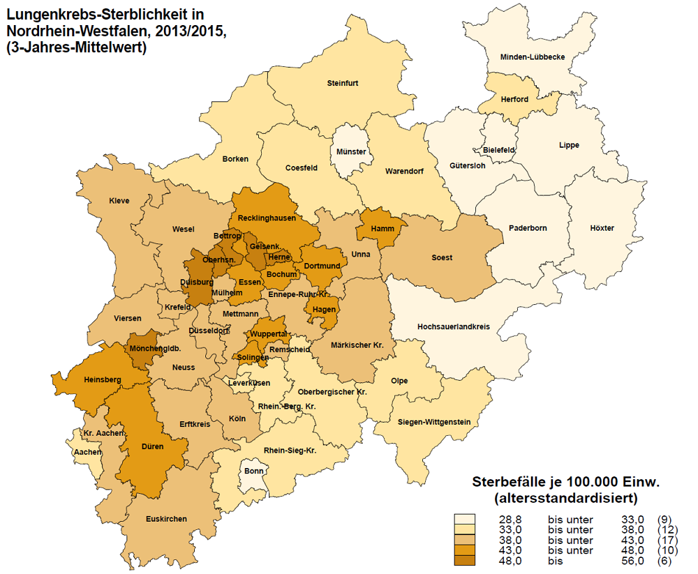 NRW-Kreiskarte zur regionalen Verteilung der Sterblichkeit an Lungenkrebs als 3-Jahres-Mittelwert für die Jahre 2012 bis 2015