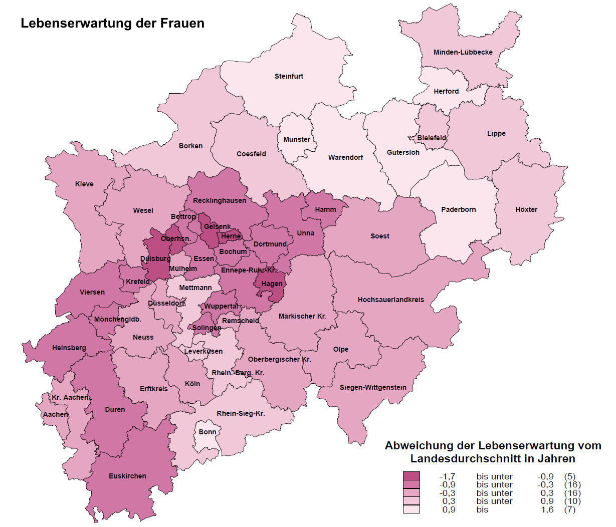NRW-Kreiskarte zur Lebenserwartung von Frauen, 3-Jahres-Mittelwert der Jahre 2013 bis 2015