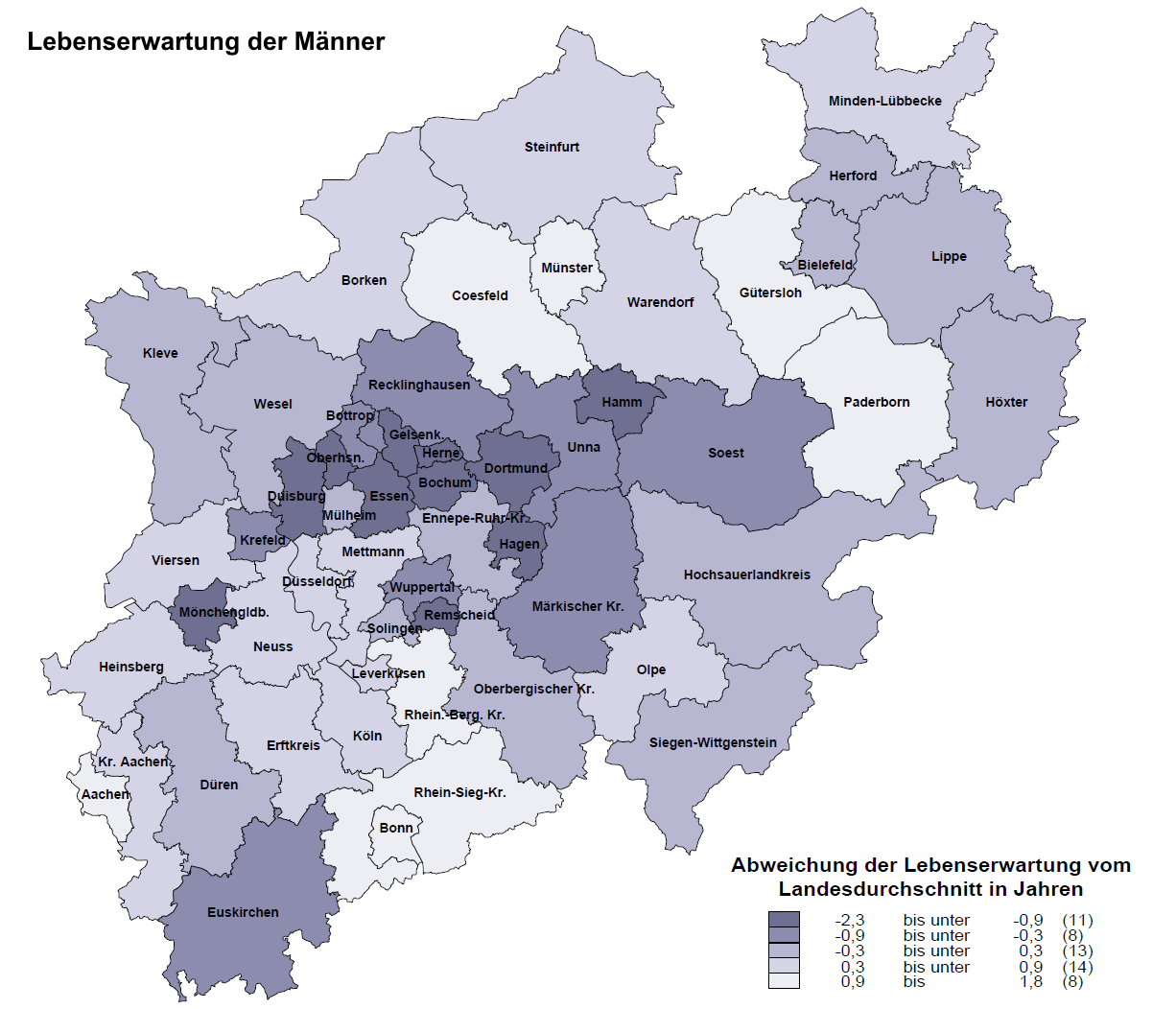 NRW-Kreiskarte zur Lebenserwartung von Männern, 3-Jahres-Mittelwert der Jahre 2013 bis 2015