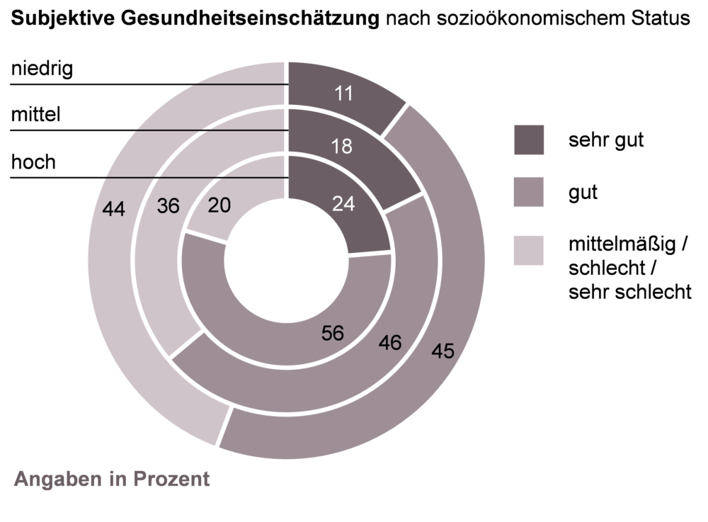 Ringdiagramme zur subjektiven Gesundheitseinschätzung von Menschen mit unterschiedlichem Sozialstatus in NRW für das Jahr 2017