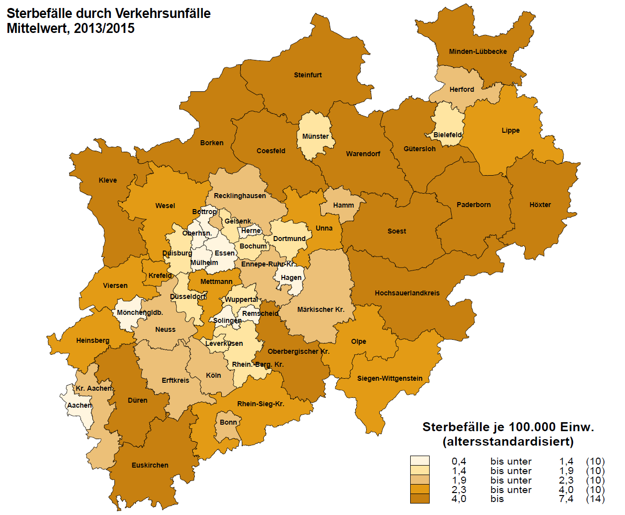 NRW-Kreiskarte zur Sterblichkeit durch Verkehrsunfälle für die Jahre 2013 bis 2015 (3-Jahres-Mittelwert)