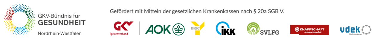 Logos der Förderer, von links nach rechts: GKV-Bündnis für Gesundheit, GKV Spitzenverband, AOK, BKK, ikk, SVLFG, Knappschaft, vdek