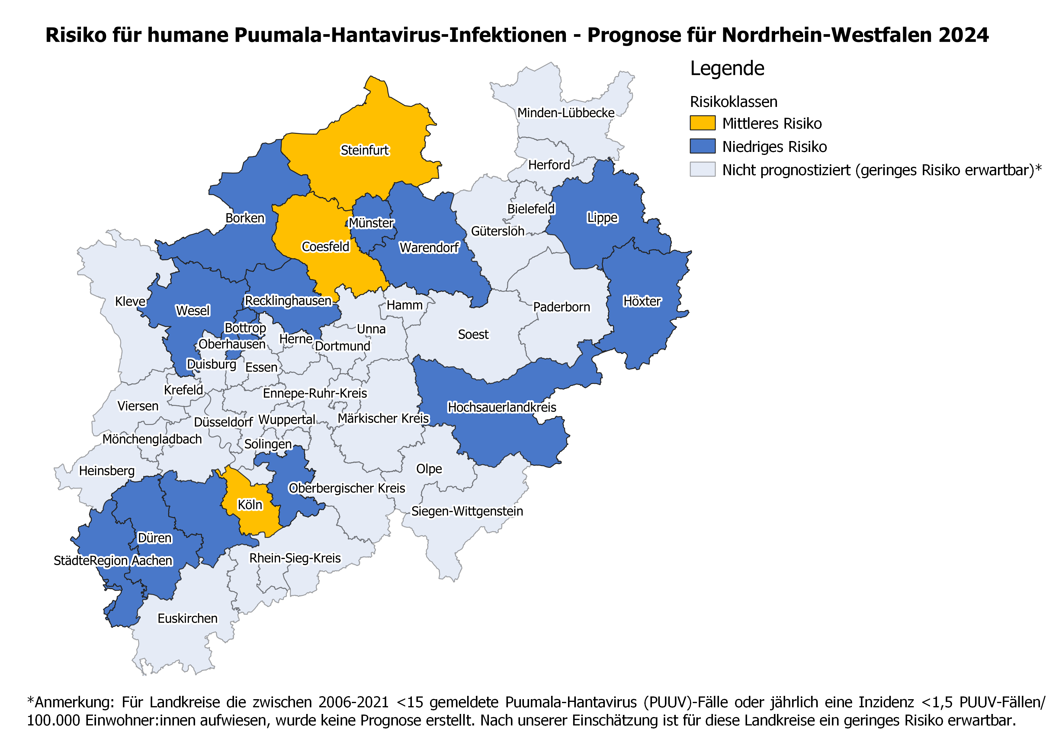 In der NRW-Karte sind die Gebiete markiert, in denen im Jahr 2024 ein niedriges, mittleres oder hohes Risiko für Hantaviren prognostiziert wird.