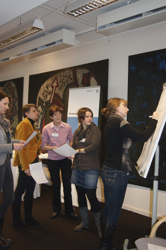 Teilnehmerinnen notieren Ergebnisse auf ein Flipchart